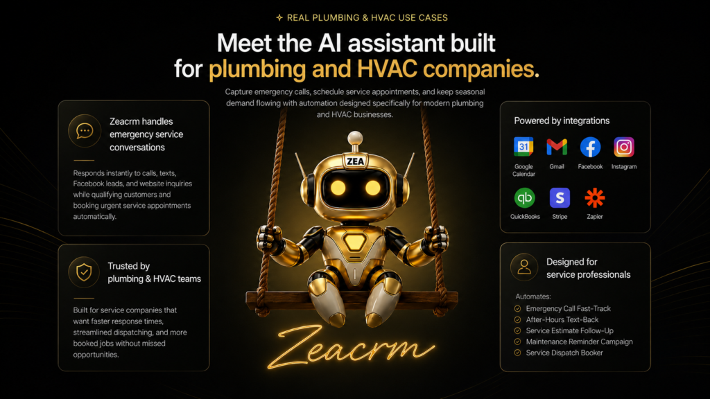 AI assistant for plumbing and HVAC companies with a futuristic gold robot, emergency call handling