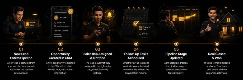 Dark roofing CRM automation journey showing lead capture, sales follow-ups, pipeline updates, and deal closure.