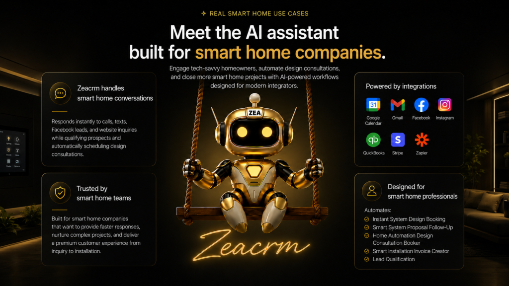 AI assistant for smart home companies featuring a premium gold robot mascot, design consultation booking