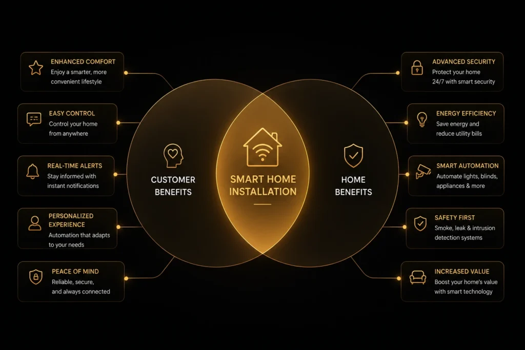 Smart Home Installation infographic with connected customer