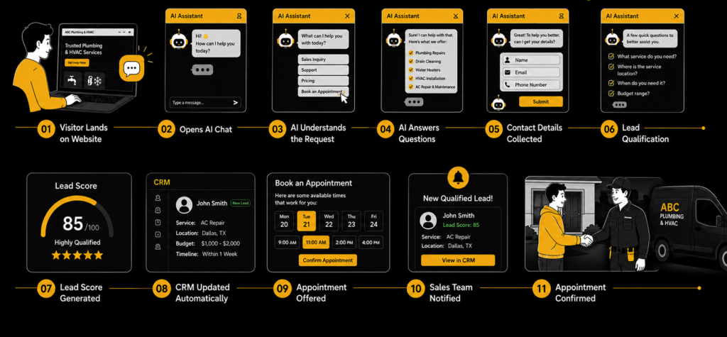 AI website chat assistant and lead qualification automation customer journey infographic