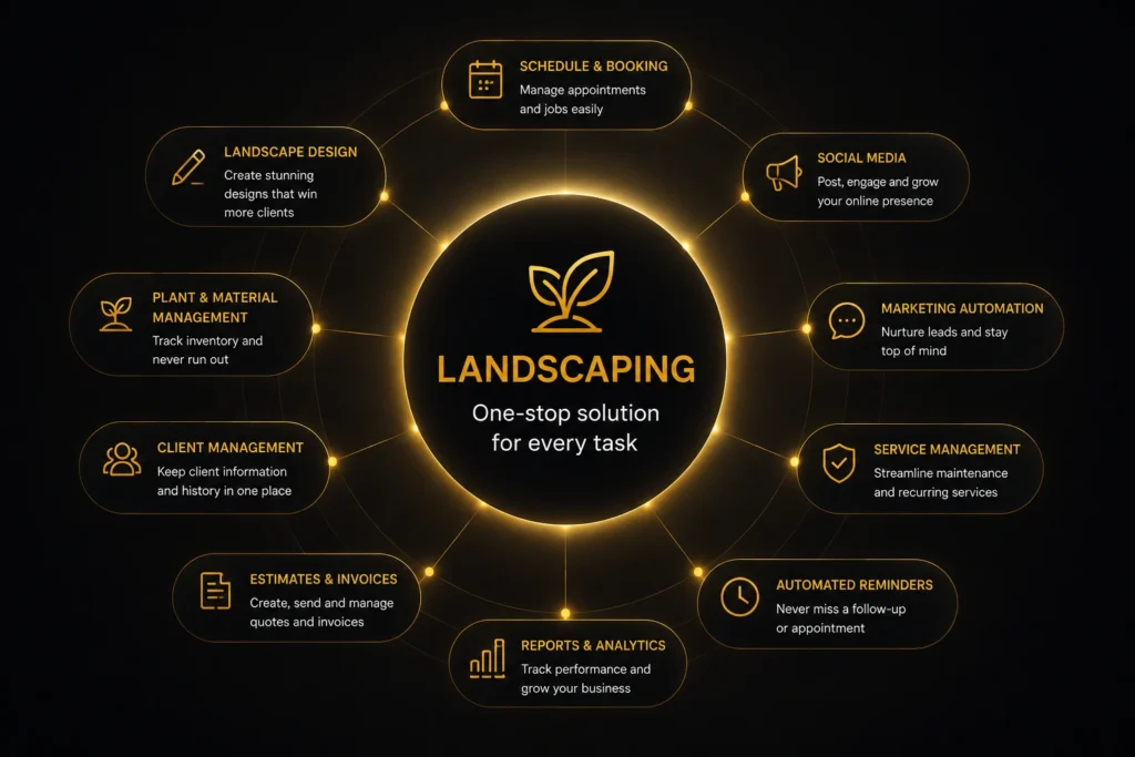 landscaping automation infographic featuring a central workflow
