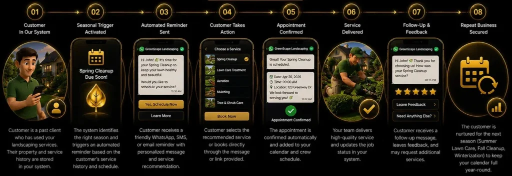 Infographic showing an automated landscaping maintenance reminder journey, from seasonal notifications and appointment booking to service completion and repeat business.